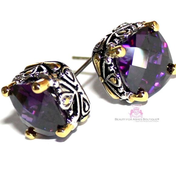 10mm Checker Cut Two Tone Throne Room Dark Purple Amethyst CZ Earrings - Picture 1 of 3